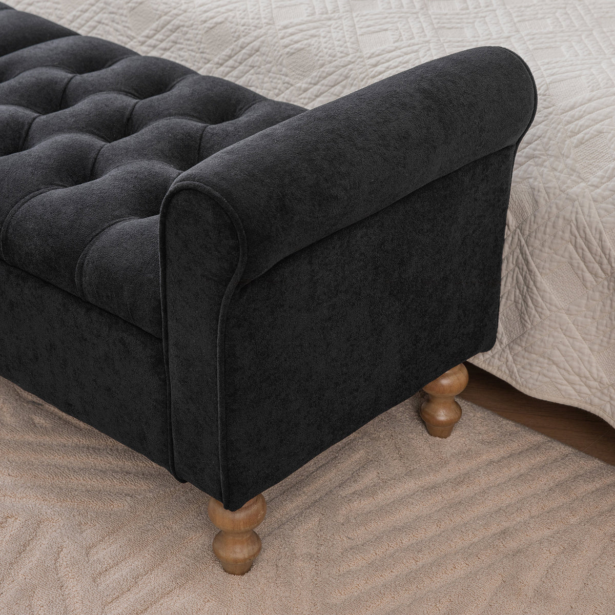 65.75" Wide Modern Upholstered  Storage Bench With Double Lids, Napped fabric Foot Stool With Rolled Armrest, Bench Daybed With Rubberwood Legs For Living Room, Entryway, Dormitory, Bedroom,Black