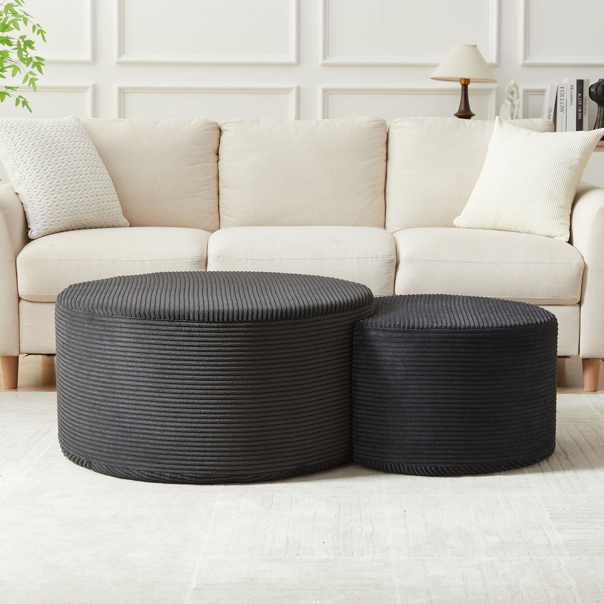 Modern Upholstered Round Coffee Table Set of 2 in Black, Corduroy Fabric, No Assembly, Perfect for Living Room or Bedroom