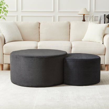 Modern Upholstered Round Coffee Table Set of 2 in Black, Corduroy Fabric, No Assembly, Perfect for Living Room or Bedroom