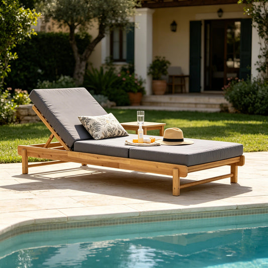 Light Teak Acacia Wood Chaise Lounge Set: 1 Frame + 1 3-Fold Dark Grey Cushion, 400 lbs Capacity, 3-Position Adjustable Backrest, 4" Thick Water-Resistant Cushion for Patio Poolside Backyard