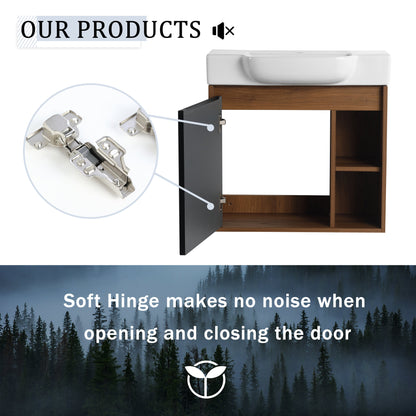24'' Wall-Mounted Bathroom Vanity with White Ceramic Sink & Soft-Close Door, KD-Packing