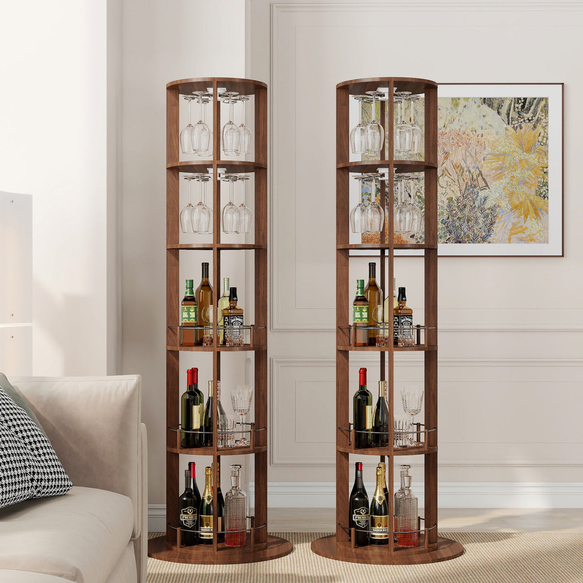 73" Tall Round Wine Rack, Freestanding Wine Bar Cabinet With 360° Rotating Design Wine Glass Rack, 360° Smooth Rotation & Stable Base, 3-Tier Storage Shelf, MDF & Metal, Walnut