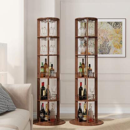73" Tall Round Wine Rack, Freestanding Wine Bar Cabinet With 360° Rotating Design Wine Glass Rack, 360° Smooth Rotation & Stable Base, 3-Tier Storage Shelf, MDF & Metal, Walnut