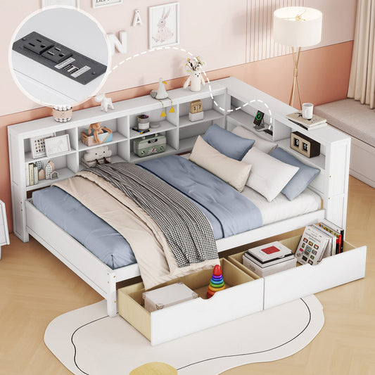 Wooden Full Size DayBed with 2 Drawers, DayBed with Storage Shelf and USB Charging Ports,White(old SKU: N733S170505K)