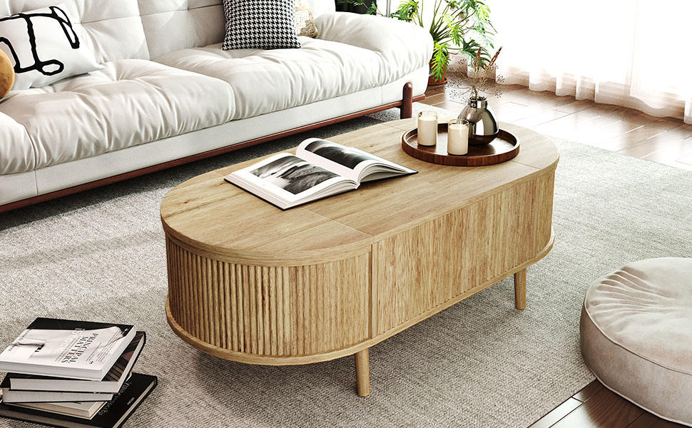 U-Can Minimalist Oval Lift-Top Coffee Table with Hidden Storage and Wood Wave Grain Finish
