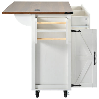 K&K 53.5''Farmhouse Kitchen Island with Power Outlet, Kitchen Storage Island with Drop Leaf, Spice Rack and Drawer