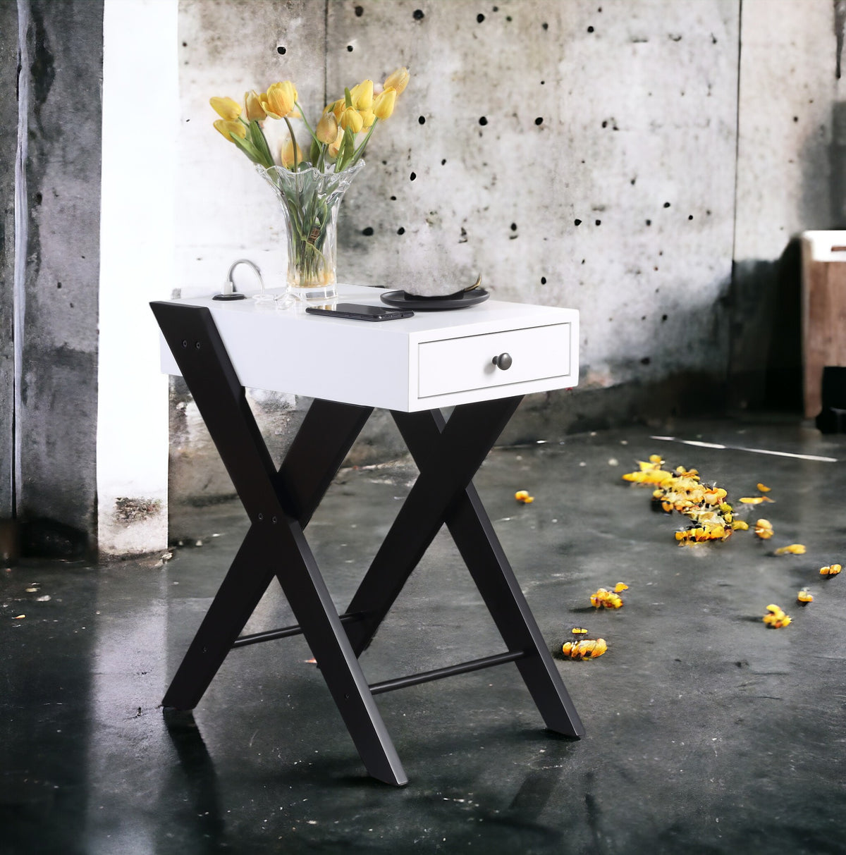 Fierce White and Black Accent Table with Built-in USB Port