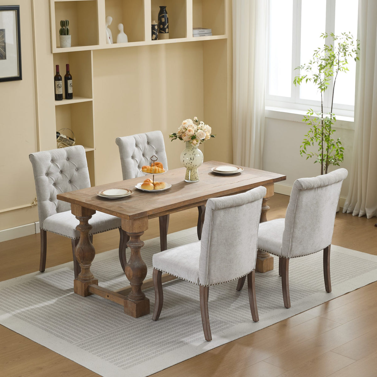 Upholstered Chenille Fabric Accent Dining Chair, Curved Solid Wood Legs, Elegant Tufted Club Dining Room Kitchen Room Dining Chair – Beige