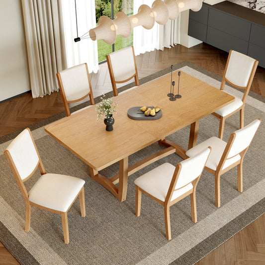TREXM 7-Piece Extendable Dining Table Set for 6, Rectangular Kitchen Table with 6 Upholstered Chairs, Curved Back Dining Chairs for Dining Room(Natural)