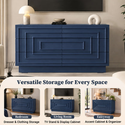 Mid Century 6-Drawer Dresser for Bedroom, 57.2" Wide Modern Push-to-Open Chest of Drawers, TV Stand for Living Room, Thickened Base,Vanity Desk, Drawers Organizer Furniture, Hallway,Deep Sea Blue