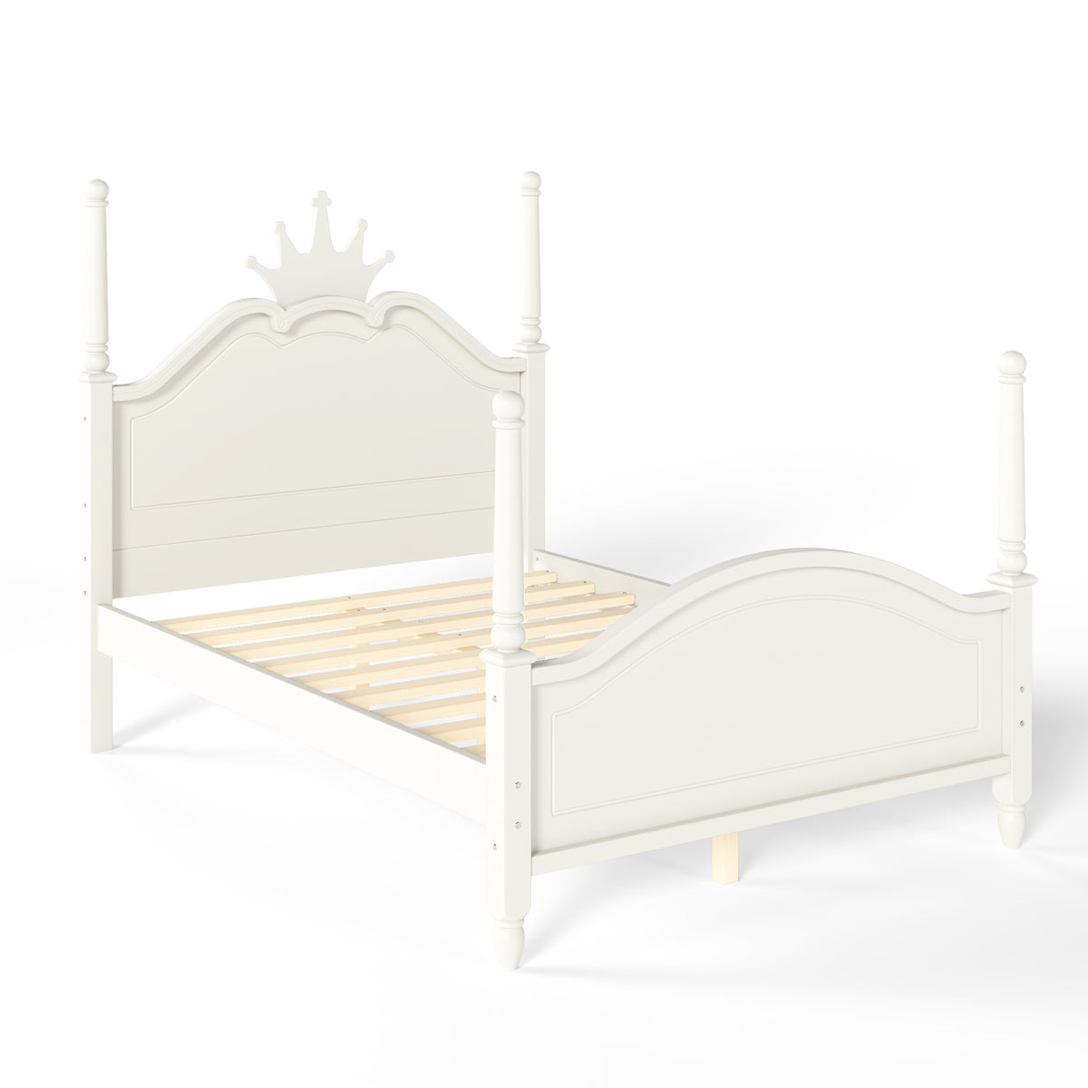 Full Size Crown Shaped Platform Bed, Four Poster Stylish Wooden Bed Frame, Elegant Curved Headboard Bed Frame For Bedroom,Beige