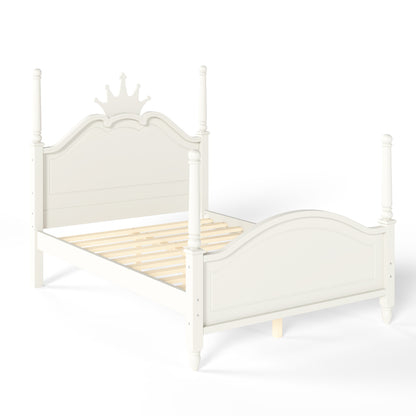 Full Size Crown Shaped Platform Bed, Four Poster Stylish Wooden Bed Frame, Elegant Curved Headboard Bed Frame For Bedroom,Beige