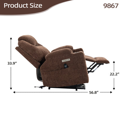 Up to 350 LBS Chenille Power Lift Recliner Chair, Heavy Duty Motion Mechanism with 8-Point Vibration Massage and Lumbar Heating, USB and Type-C Ports, Stainless Steel Cup Holders, Brown