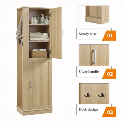 Tall Bathroom Storage Cabinet, Freestanding Storage Cabinet with Hook and Adjustable Shelf, MDF Board, Natural