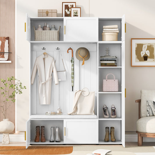 U-Can American Style 4-in-1 Hall Tree with Padded Bench, 4 Hooks, and Multi-Tier Storage Shelves