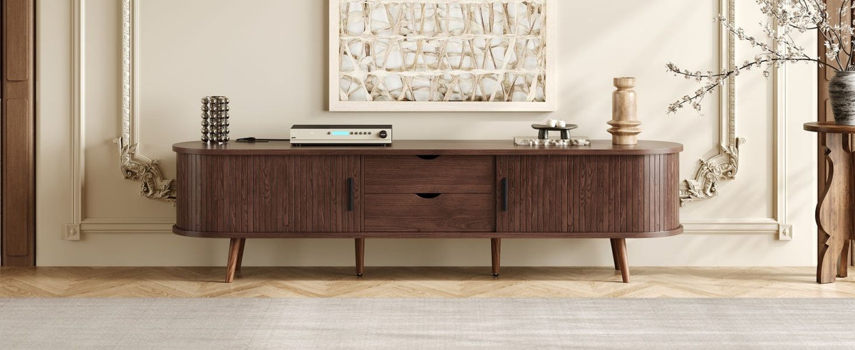 Mid Century Modern TV Stand for 70-Inch TV, Dark Brown MDF & Solid Wood Console with Tambour Doors, Drawers and Built-in Power Outlet