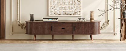 Mid Century Modern TV Stand for 70-Inch TV, Dark Brown MDF & Solid Wood Console with Tambour Doors, Drawers and Built-in Power Outlet