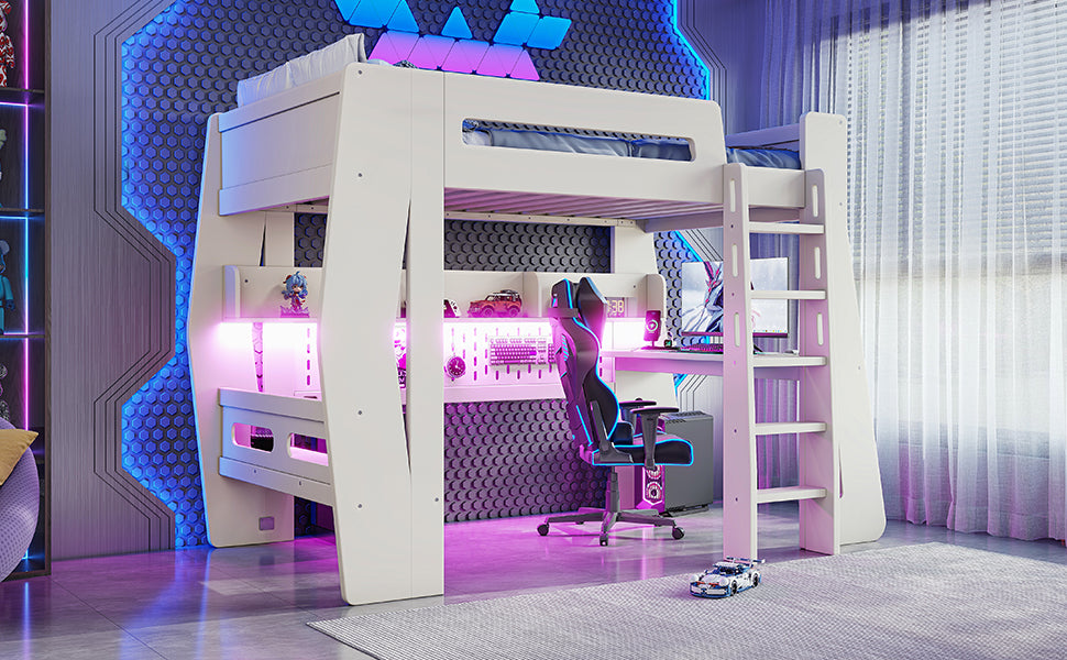 Twin/Full Size Gaming Loft Bed, All-in-One Gaming Bed with Desk, Gaming Bed with Storage, Gaming Loft Bed with Led Light, Esports Style Loft Bed Frame for Teens, Space Saving Loft bed.Beige
