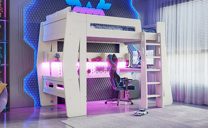 Twin/Full Size Gaming Loft Bed, All-in-One Gaming Bed with Desk, Gaming Bed with Storage, Gaming Loft Bed with Led Light, Esports Style Loft Bed Frame for Teens, Space Saving Loft bed.Beige