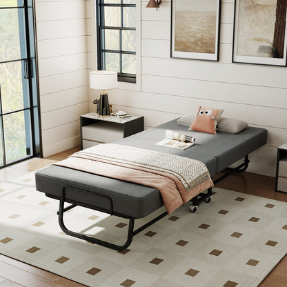 75" Folding Bed with Memory Foam Mattress, 4 Lockable Wheels Portable & Space Saving, Reinforced Steel Frame Quietly Supports 450 lbs, Folds Upright – Essential for Small Apartments & Guest Rooms