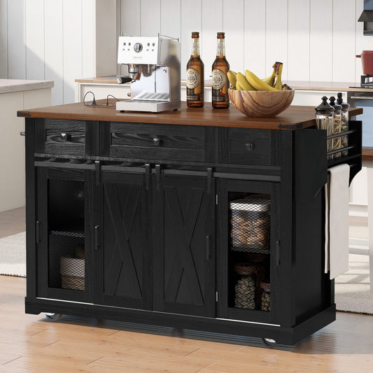 K&K 58" Farmhouse Kitchen Island with Storage, Sliding Barn Door & Metal Grid Side Door, Rolling Kitchen Island on 5 Wheels with Spice Rack