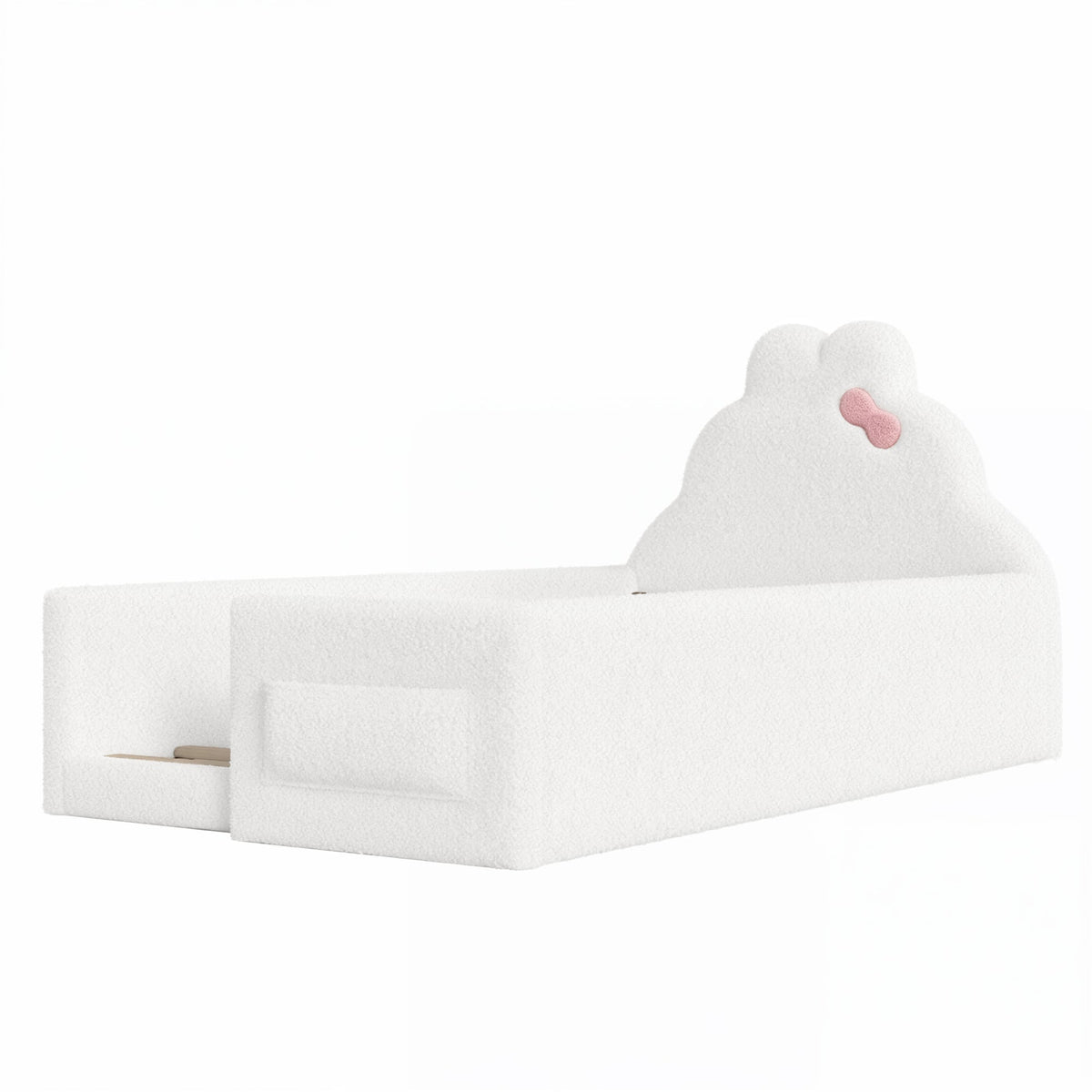 Twin Size Upholstered Floor bed, LowtoGround floor bed, Soft Padded Upholstered Kids bed, Safe Children Bed Frame with Side Storage Pocket for Kids.White