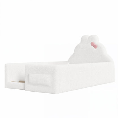 Twin Size Upholstered Floor bed, LowtoGround floor bed, Soft Padded Upholstered Kids bed, Safe Children Bed Frame with Side Storage Pocket for Kids.White