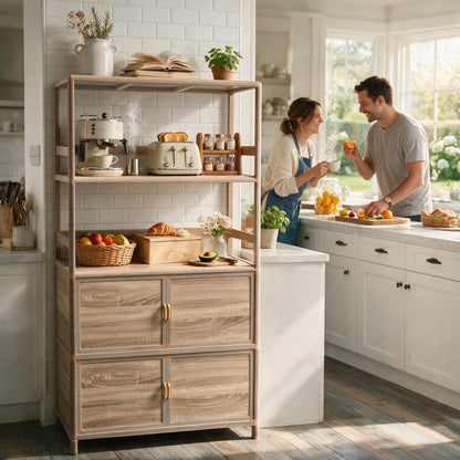 Tall Storage Cabinet with Open Shelving, 35.00" W x 16.73" D x 68.11" H, Freestanding Wood-Grain Aluminum Storage Cabinet with 4-Door Closed Storage for Kitchen, Entryway, Patio & Garage