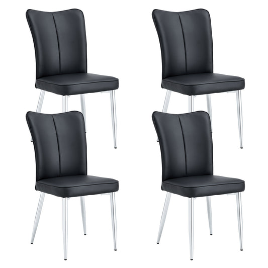 Modern Minimalist Dining Chairs with PU Leather Curved Backrest and Seat Cushions, Black, Electroplated Metal Legs, Set of 4