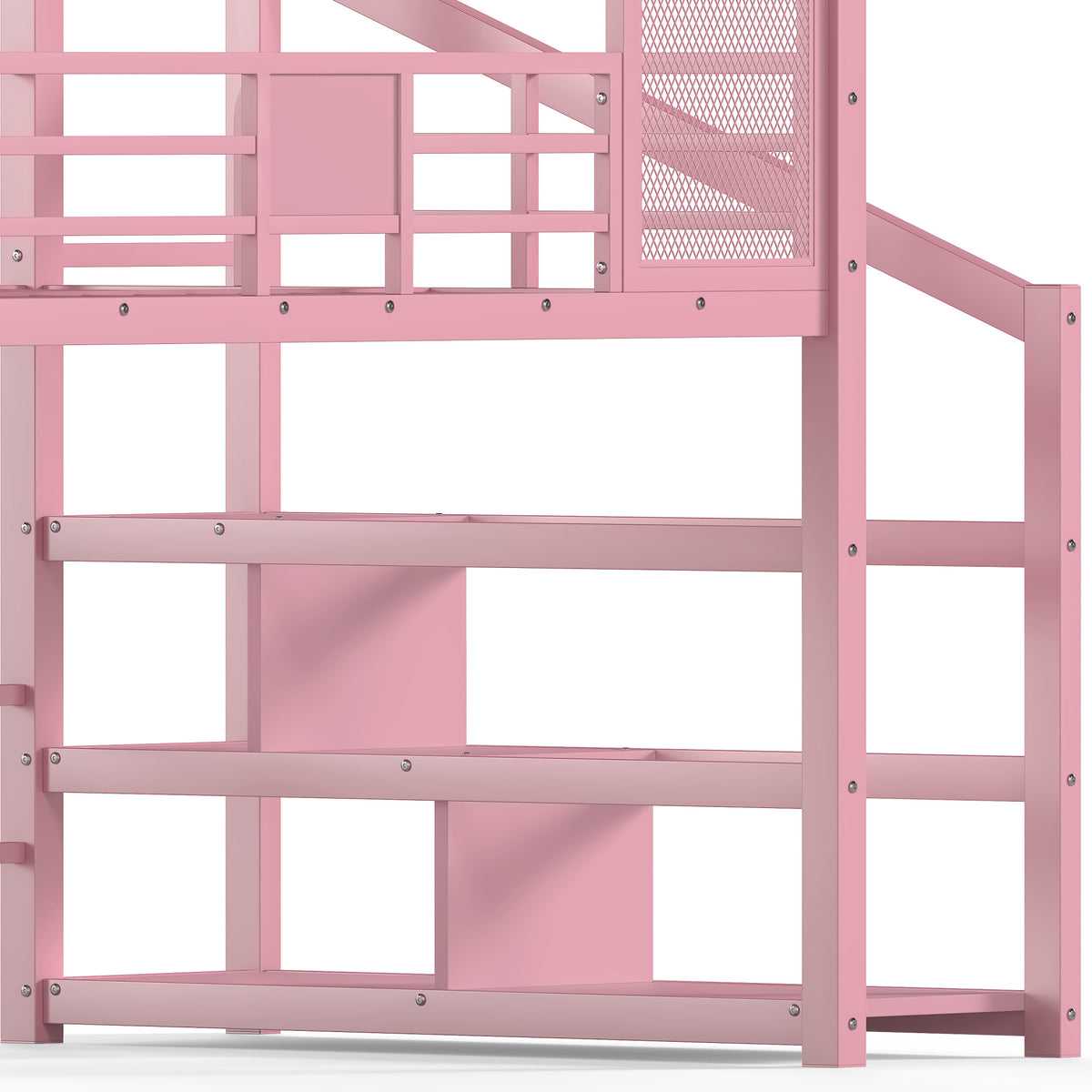 Full House Loft bed with Slide and Stairs, Metal Playhouse Bed with Storage Shelves, House-shaped Roof and Noise-free Design, Pink