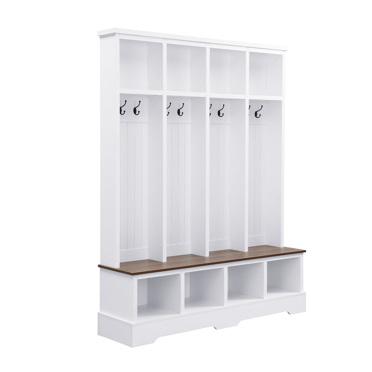 Farmhouse Hall Tree with 8 Hooks, Practical Entryway Bench with Open Compartments, 76.7"H Modern 3-in-1 Wooden Style Coat and Shoe Rack for Mudroom, Living Room, White (OLD SKU: N721S000075K)