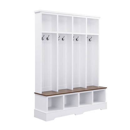 Farmhouse Hall Tree with 8 Hooks, Practical Entryway Bench with Open Compartments, 76.7"H Modern 3-in-1 Wooden Style Coat and Shoe Rack for Mudroom, Living Room, White (OLD SKU: N721S000075K)