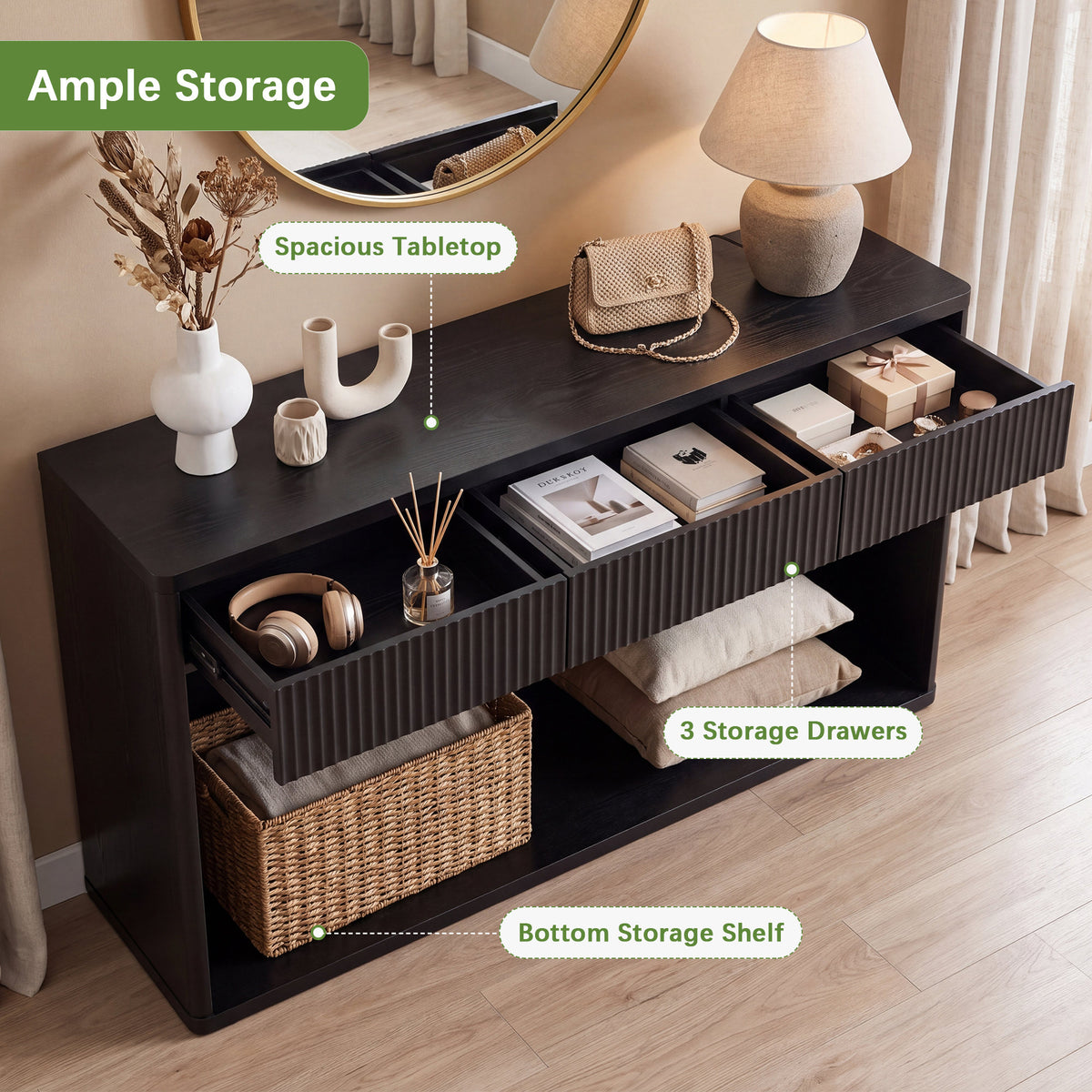 63" Fluted Console Table with 3 Drawers, Long Sofa Table Behind Couch for Living Room, Hallway, Foyer,Black