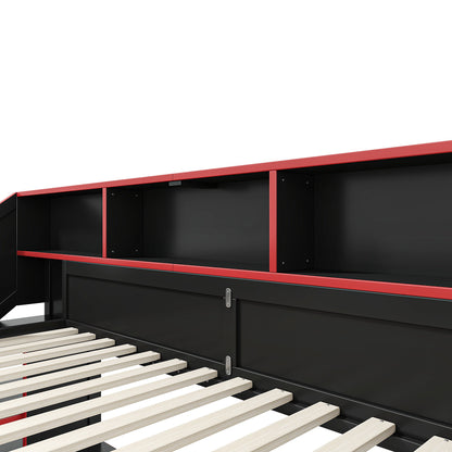 Queen Size Gaming Loft Bed with Storage Stair & Open Headboard Shelves, LED Light & USB Charging Desk, Elevated Loft Bed Frame with House-Shaped Cutout Design for Gamers,Black&Red