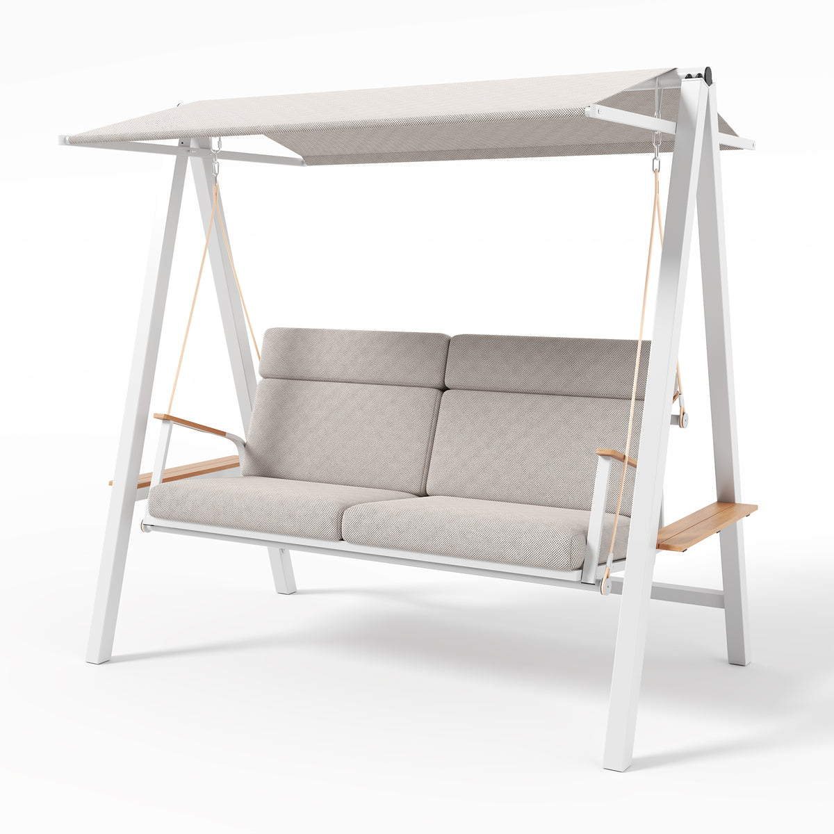 Outdoor Patio 3 seaters Metal Swing Chair Swing bed with Cushion and Adjustable Canopy Champagne Color