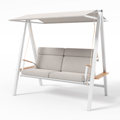 Outdoor Patio 3 seaters Metal Swing Chair Swing bed with Cushion and Adjustable Canopy Champagne Color