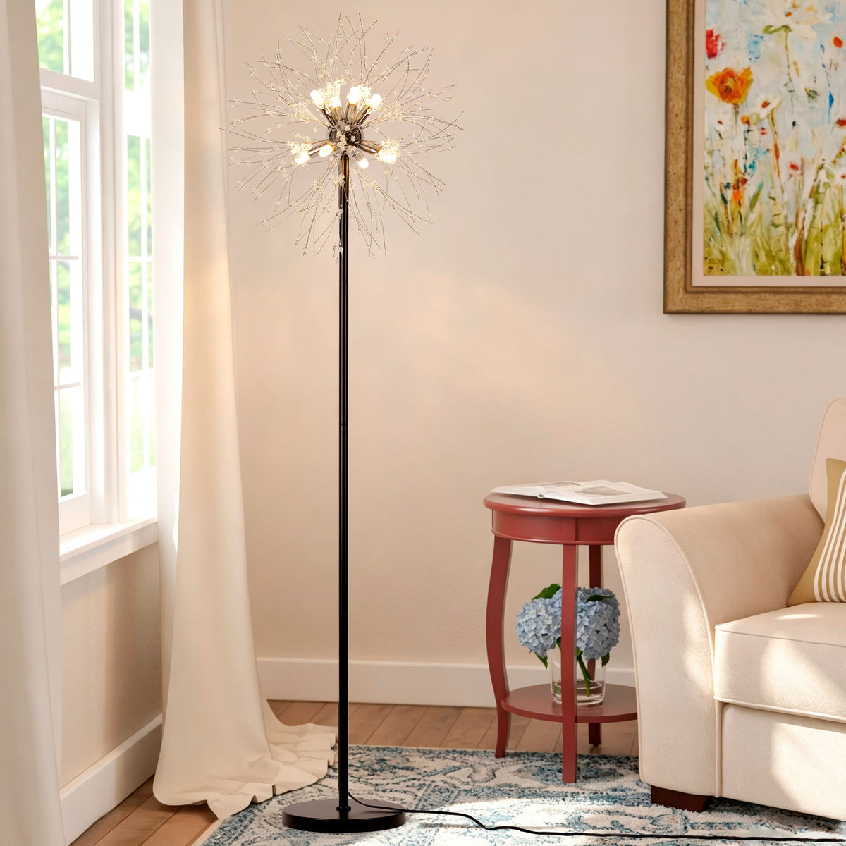 Dandelion Floor Lamp, Matte Black & Chrome Finish Metal Body with Glass Shade, Modern Standing Lamp for Home Decor