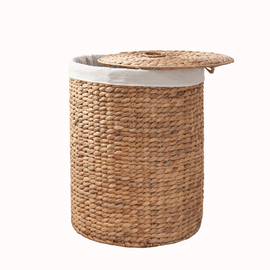Ludmilla Round Tall Water Hyacinth Woven Wicker Laundry Hamper with Lid - For Clothes, Canvas, Toys and Book Storage with Removable Liner - 15" x 15" x 20" - Natural Brown