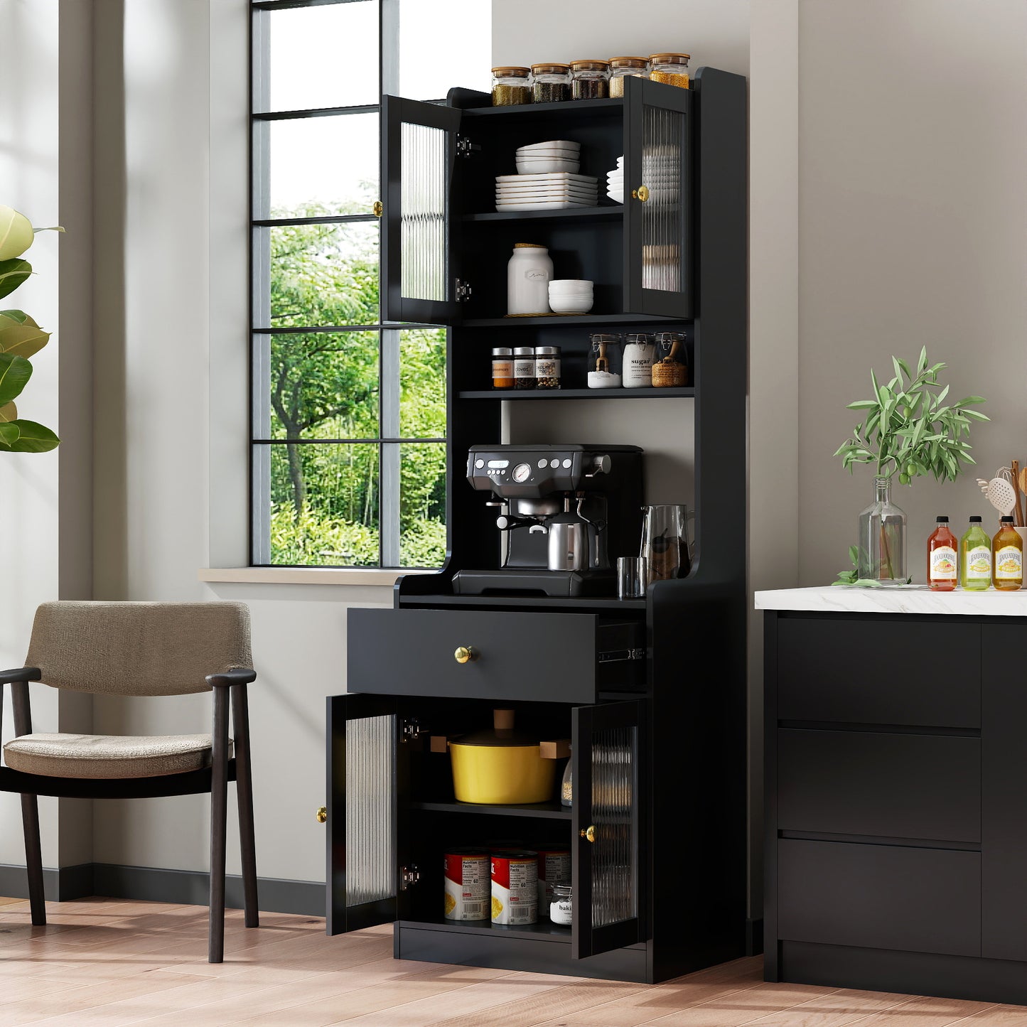 Black Kitchen Pantry Hutch Storage Cabinet, Farmhouse Kitchen Hutch Buffet Cabinet with Microwave Stand, Freestanding Buffet Sideboard Coffee Bar Cabinet