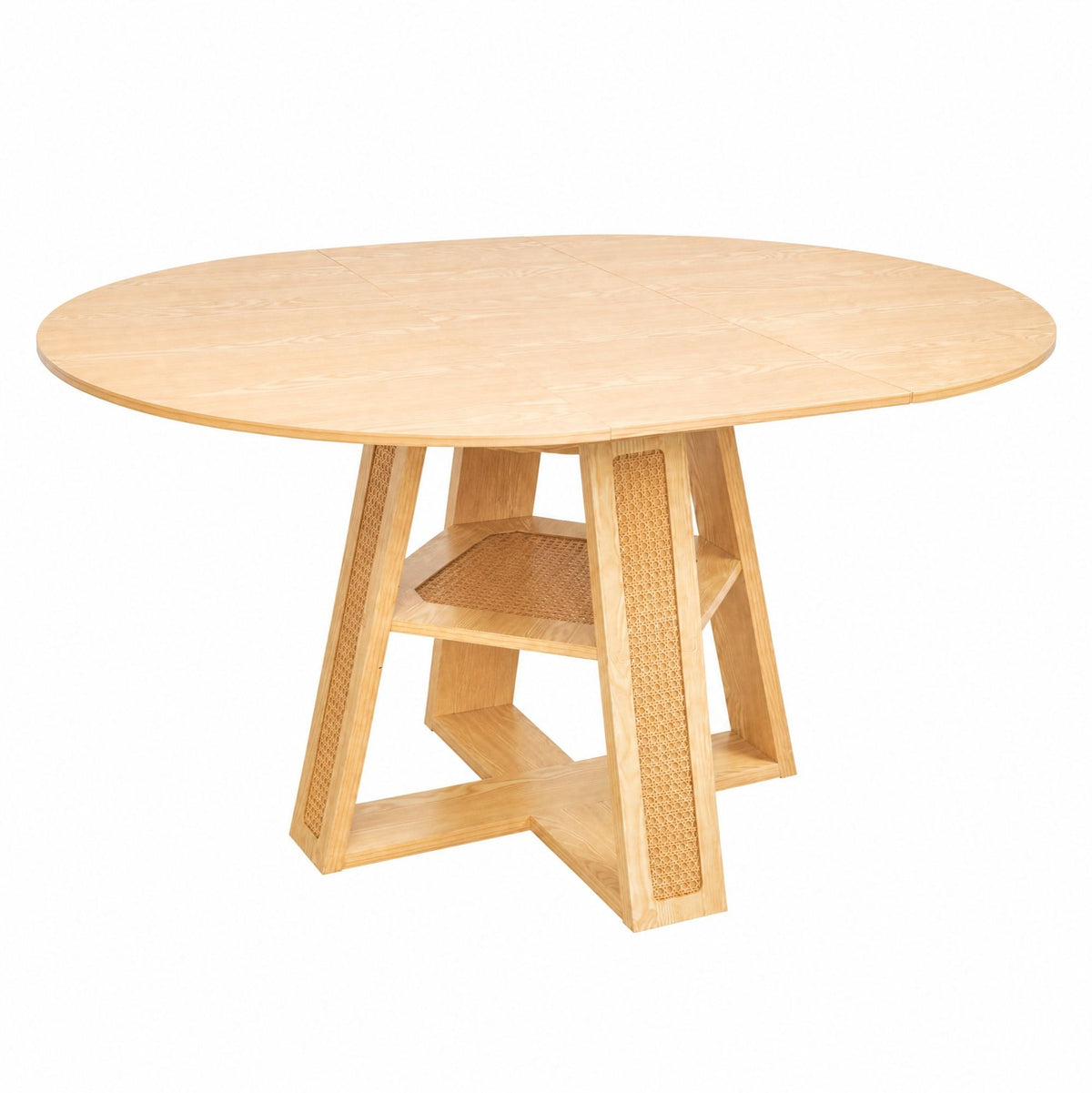 43.3'-59.05' Extendable Round Dining Table for 4-6, Round-to-Oval Kitchen Table with Removable Extension Leaf, Cross-Shaped Base and Storage Shelf, Natural