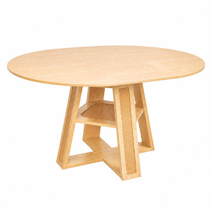 43.3'-59.05' Extendable Round Dining Table for 4-6, Round-to-Oval Kitchen Table with Removable Extension Leaf, Cross-Shaped Base and Storage Shelf, Natural