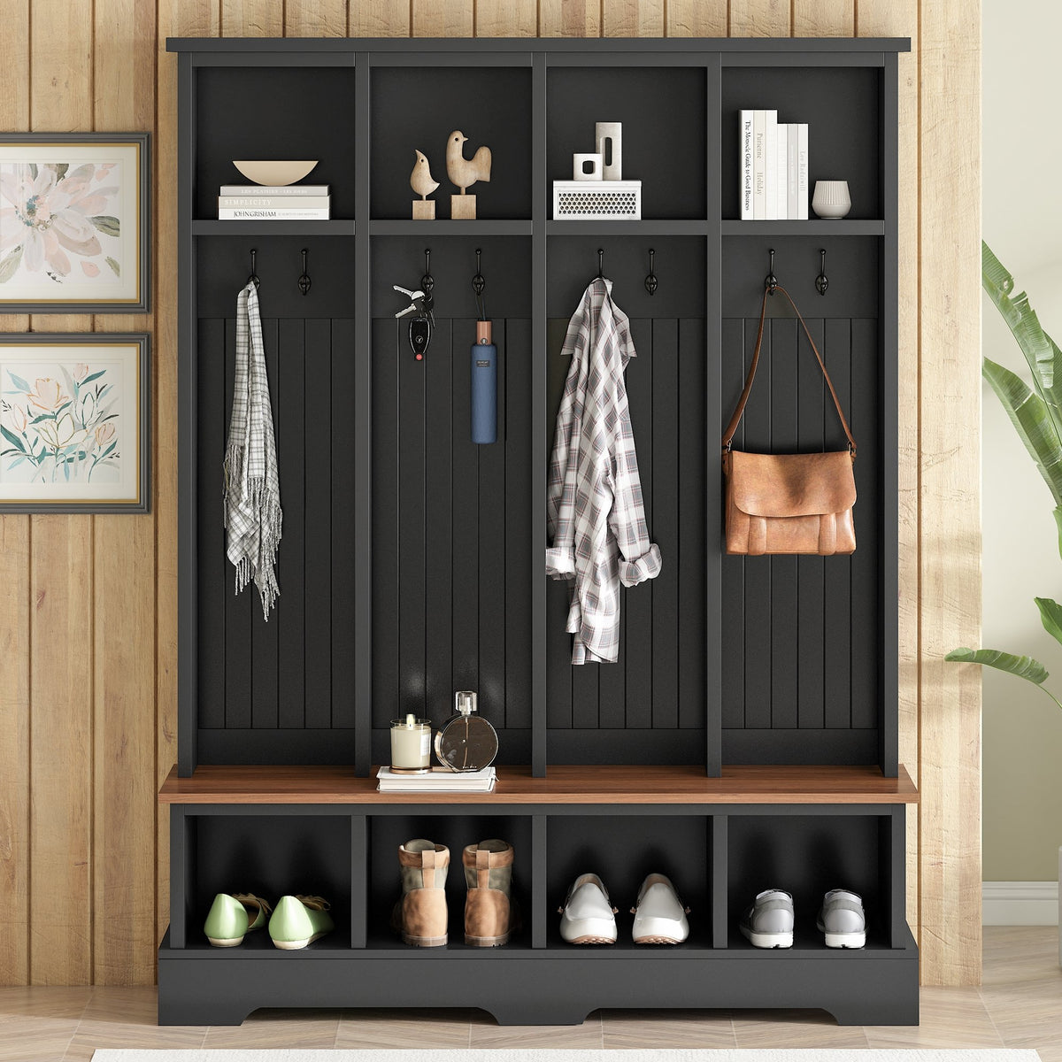 Farmhouse Hall Tree with 8 Hooks, Practical Entryway Bench with Open Compartments, 76.7'H Modern 3-in-1 Wooden Style Coat and Shoe Rack for Mudroom, Living Room, Black