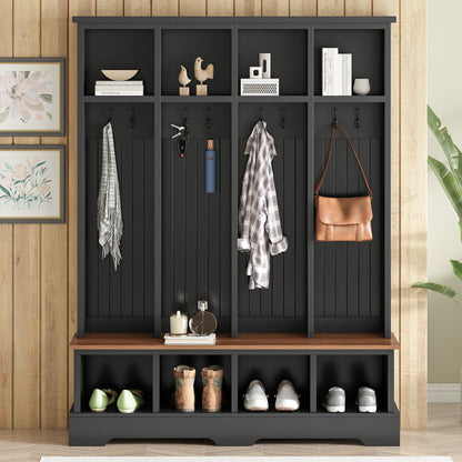 Farmhouse Hall Tree with 8 Hooks, Practical Entryway Bench with Open Compartments, 76.7'H Modern 3-in-1 Wooden Style Coat and Shoe Rack for Mudroom, Living Room, Black