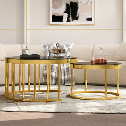 Round Nesting Coffee Table Set of 2, Modern Gold Metal Frame Circular Cocktail Table, Tempered Glass Top Accent Nesting Tables for Living Room, Apartment
