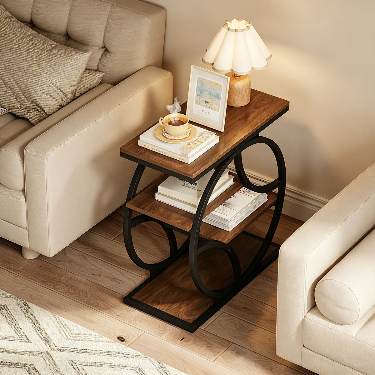 4-Tier Side Table with Storage, 25.6" Narrow End Table, Industrial Plant Stand & Nightstand, Geometric Metal Frame Accent Table for Living Room, Bedroom & Small Spaces, ( Brown)