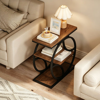 4-Tier Side Table with Storage, 25.6" Narrow End Table, Industrial Plant Stand & Nightstand, Geometric Metal Frame Accent Table for Living Room, Bedroom & Small Spaces, ( Brown)