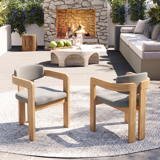 Set of 2 Outdoor Acacia Wood Dining Chairs with Cushions, Modern Solid Wood Armchairs with Weather-Resistant Upholstery, Grey Cushion