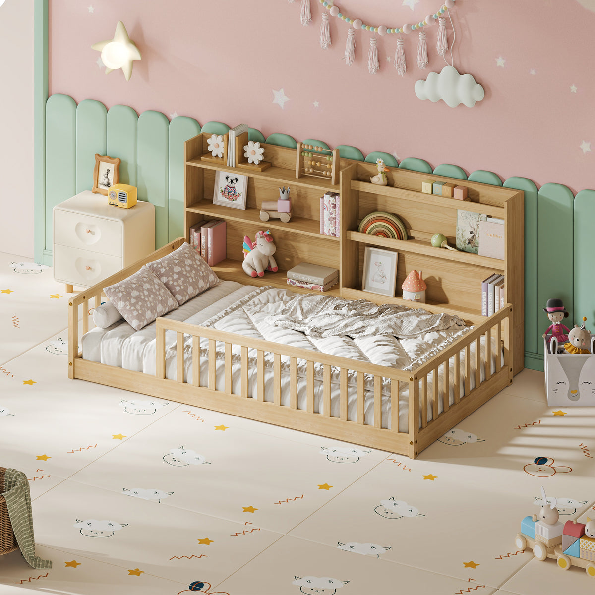 Twin Montessori Floor Bed with Bookshelf & Safety Rails, Natural,Solid pine wood kids bed with integrated bookshelf, low-to-ground Montessori design, safety fence rails and wide entrance.