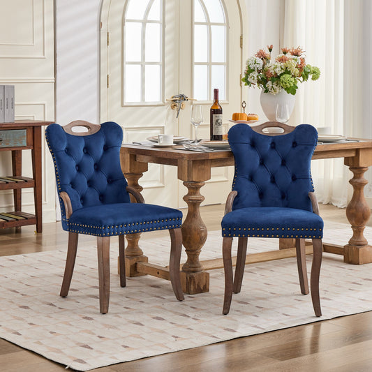 Dining Chairs Set of 2,Hand Button Tufted Upholstered Side Chairs with Solid Wood Armrests,Vintage Copper Nailhead Trim,Curved Solid Wood Cabriole Legs,Elegant Accent Chairs for Dining Room,SW1873BL