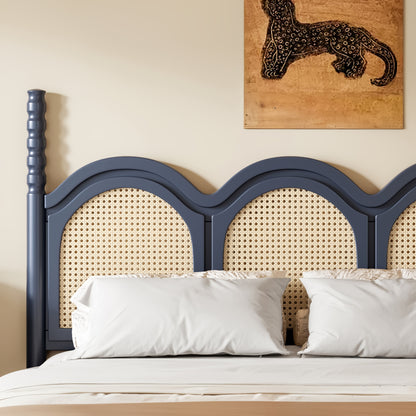 Queen Size Platform Bed with Arched Woven Headboard, Four Poster Stylish Wooden Bed Frame, Elegant Curved Headboard Bed Frame For Bedroom,Blue